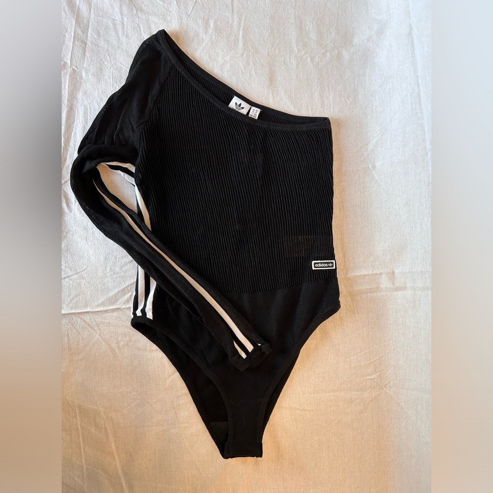 adidas Black One-Shoulder Ribbed Bodysuit with White 3-Stripes - Picture 5 of 8